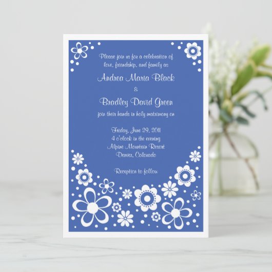 Royal Blue White Floral Faire-part de mariage (Debout devant)
