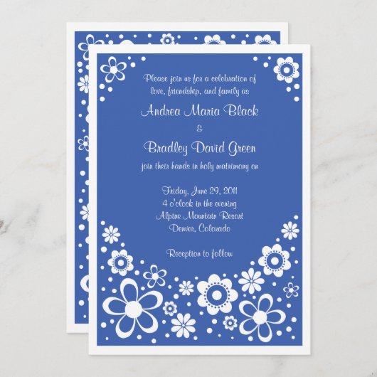Royal Blue White Floral Faire-part de mariage (Devant / Derrière)