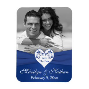 Royal Blue White Floral Heart Mariage Photo Magnet