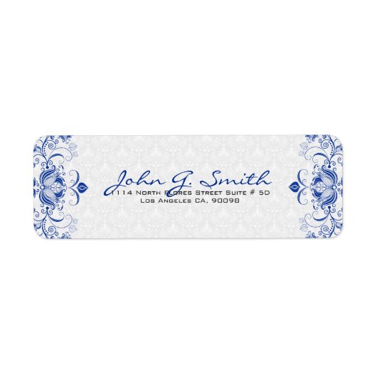 Royal Blue & White  Floral Swirls & Damascus Etiket (Voorkant)