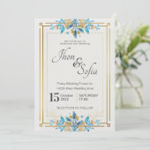Royal Blue White Gold Floral Faire-part de mariage (Debout devant)