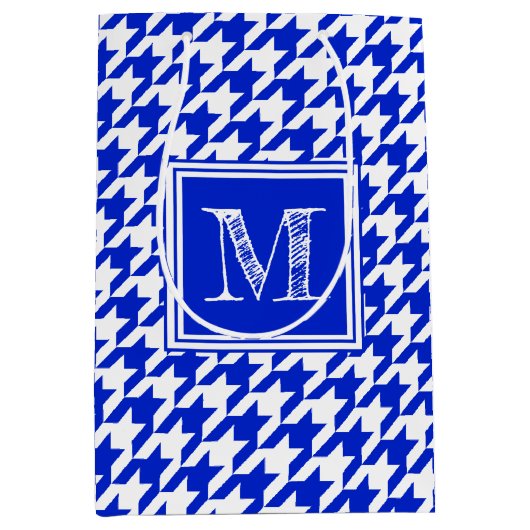 Royal Blue White Houndstooth | Modern monogram Medium Cadeauzakje (Voorkant)