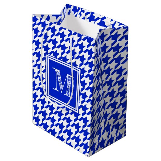 Royal Blue White Houndstooth | Modern monogram Medium Cadeauzakje (Achterkant Gekanteld)