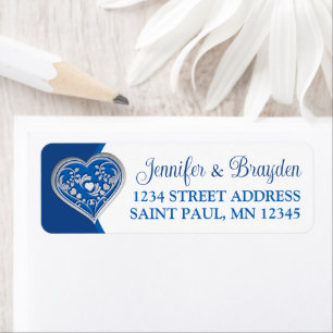 Royal Blue, White Love Heart Mariage Étiquette de