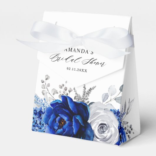Royal Blue White Metallic Silver Floral Wedding Bedankdoosjes (Voorkant Zijde)