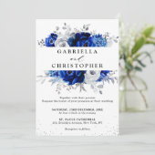 Royal Blue White Metallic Silver Floral Wedding Kaart (Staand voorkant)