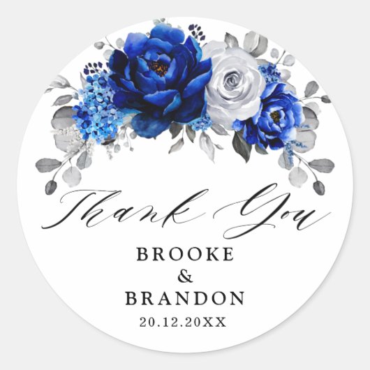 Royal Blue White Metallic Silver Floral Wedding Ronde Sticker (Voorkant)