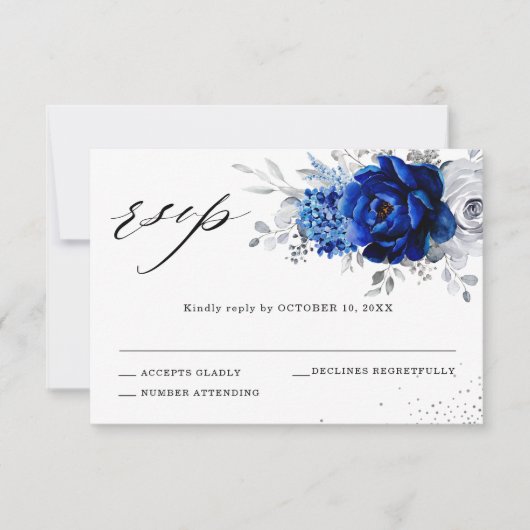 Royal Blue White Metallic Silver Floral Wedding RSVP Kaartje (Voorkant)