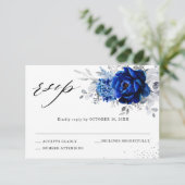Royal Blue White Metallic Silver Floral Wedding RSVP Kaartje (Staand voorkant)