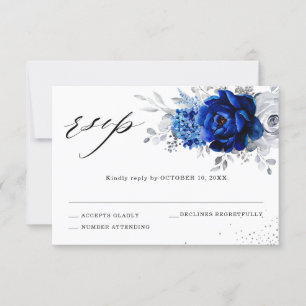 Royal Blue White Metallic Silver Floral Wedding RSVP Kaartje