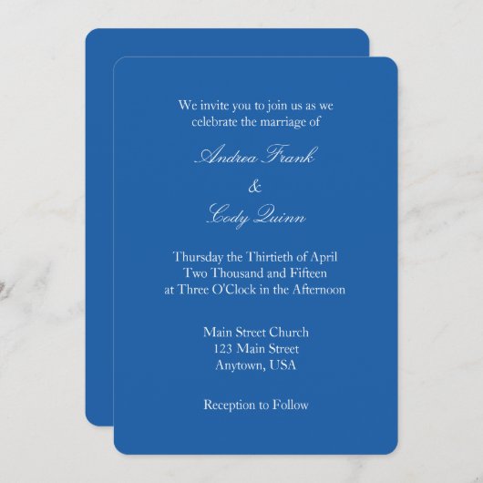 Royal Blue White Plain Simple Wedding Invitation Kaart (Voorkant / Achterkant)
