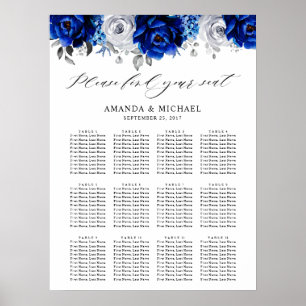 Royal Blue White Silver Floral Seating Chart Poster