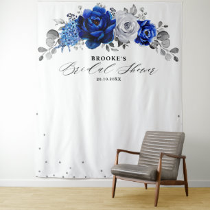 Royal Blue White Silver Floral Vrijgezellenfeest Wandkleed