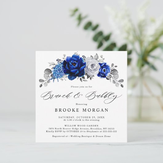 Royal Blue White Silver Metallic Brunch en Bubble Kaart (Staand voorkant)