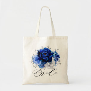 Royal Blue White Silver Metallic Floral Bride Tote Bag