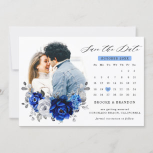 Royal Blue White Silver Metallic Floral kalender Save The Date