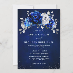 Royal Blue White Silver Metallic Floral Weddenscha Kaart