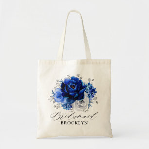 Royal Blue White Silver Metallic Floral Weddenscha Tote Bag