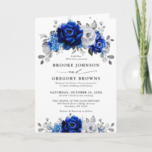 Royal Blue White Silver Metallic Floral Wedding (Voorkant)