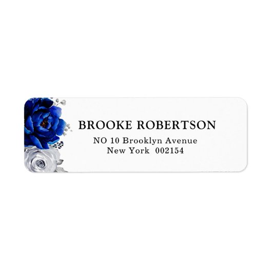Royal Blue White Silver Metallic Floral Wedding Etiket (Voorkant)