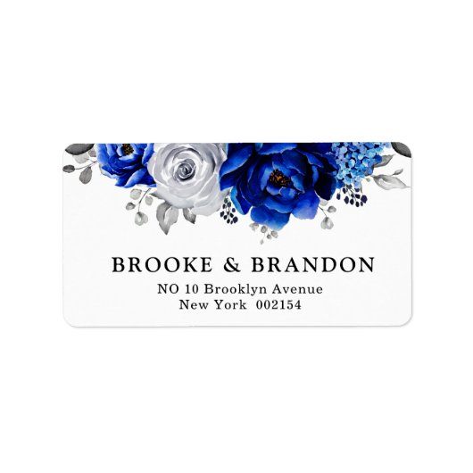 Royal Blue White Silver Metallic Floral Wedding Etiket (Voorkant)