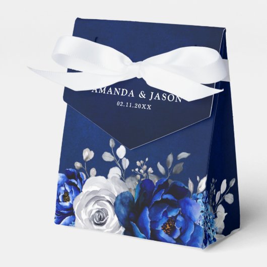 Royal Blue White Silver Metallic Floral Wedding Fa Bedankdoosjes (Voorkant Zijde)