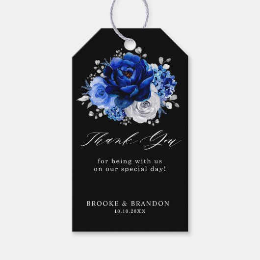 Royal Blue White Silver Metallic Floral Wedding Gi Cadeaulabel (Voorkant)
