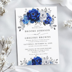 Royal Blue White Silver Metallic Floral Wedding Kaart