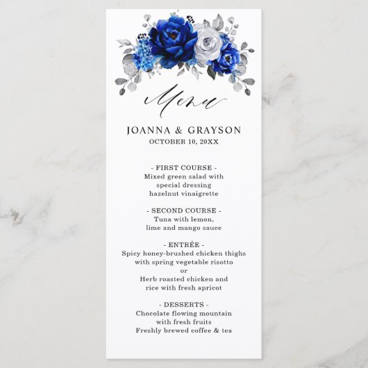 Royal Blue White Silver Metallic Floral Wedding Menu (Voorkant)