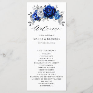 Royal Blue White Silver Metallic Floral Wedding Programma