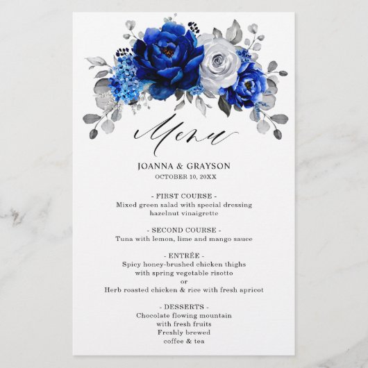 Royal Blue White Silver Metallic Mariage Menu (Devant)