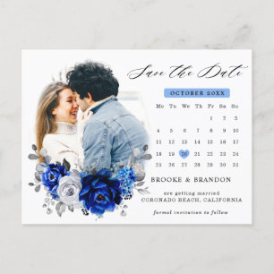 Royal Blue White Silver Metallic Save the Date Briefkaart