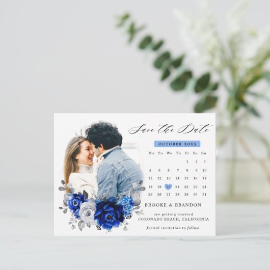Royal Blue White Silver Metallic Save the Date Briefkaart (Staand voorkant)