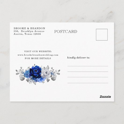 Royal Blue White Silver Metallic Save the Date Briefkaart (Achterkant)