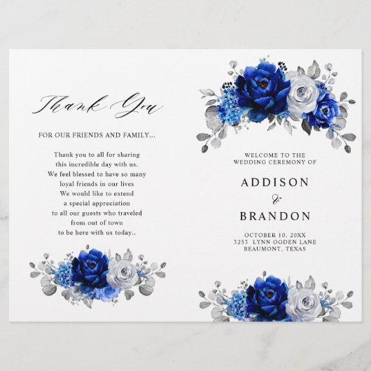 Royal Blue White Silver Metallic Wedding Programme (Devant)