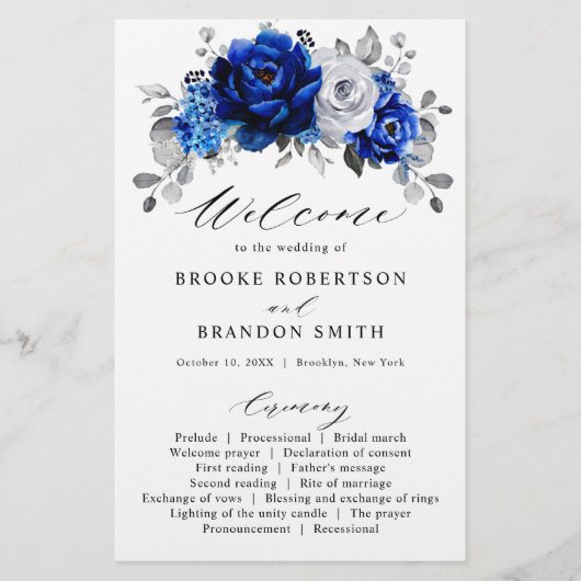 Royal Blue White Silver Metallic Wedding Programme (Devant)