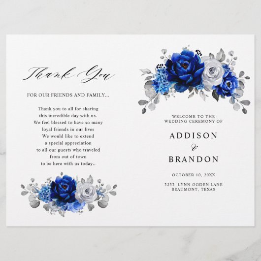 Royal Blue White Silver Metallic Wedding Programme (Devant)