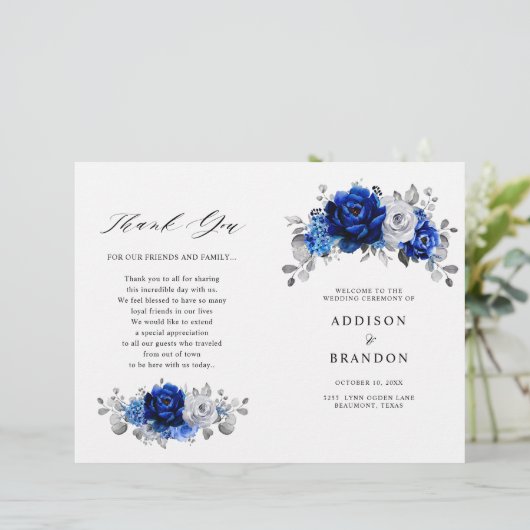 Royal Blue White Silver Metallic Wedding Programme (Debout devant)
