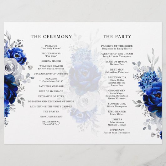 Royal Blue White Silver Metallic Wedding Programme (Dos)