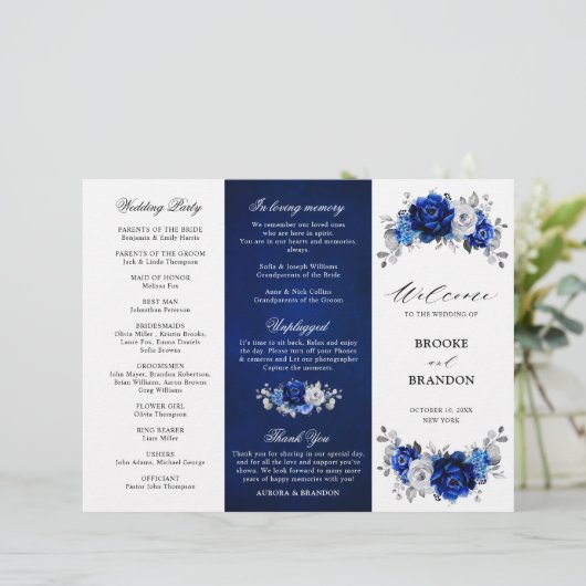 Royal Blue White Silver Tri-fold Wedding Programme (Debout devant)