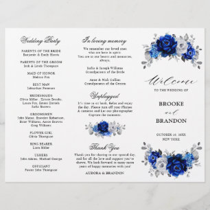 Royal Blue White Silver Tri-fold Wedding Programme