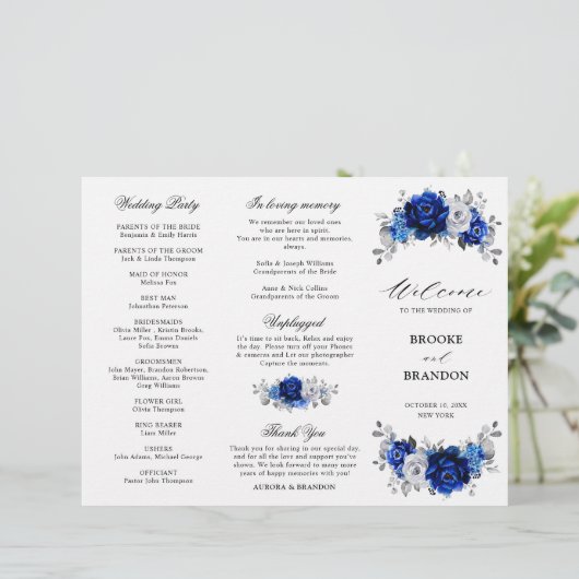 Royal Blue White Silver Tri-fold Wedding Programme (Debout devant)