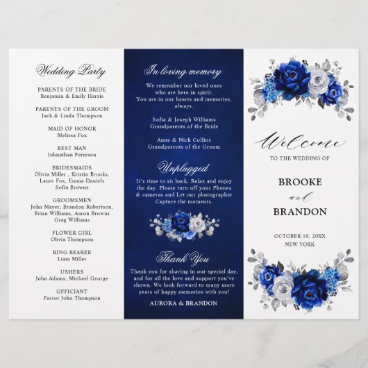 Royal Blue White Silver Tri-voudig Wedding Program (Voorkant)
