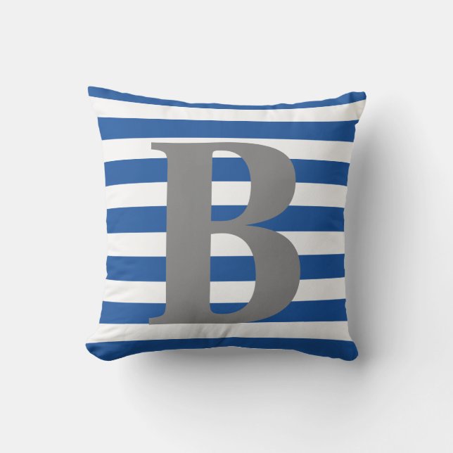Royal Blue White Stripes Monogram Initiaal Square Buitenkussen (Voorkant)