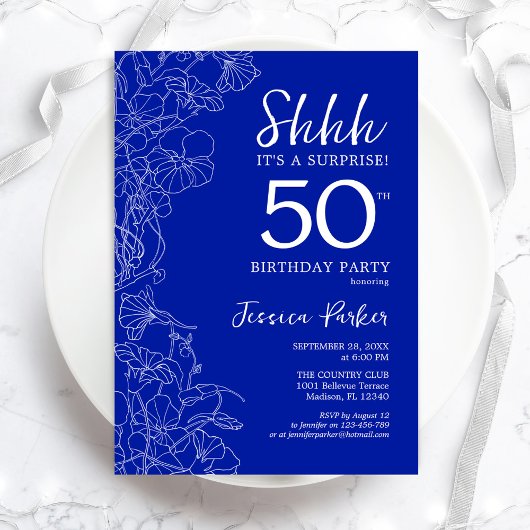 Royal Blue White Surprise 50th Birthday Kaart