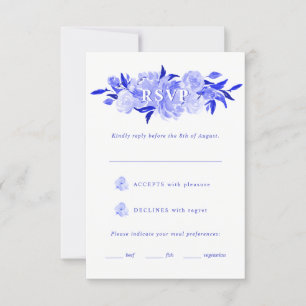 Royal Blue & White Waterverf Floral Mitzvah RSVP Kaartje