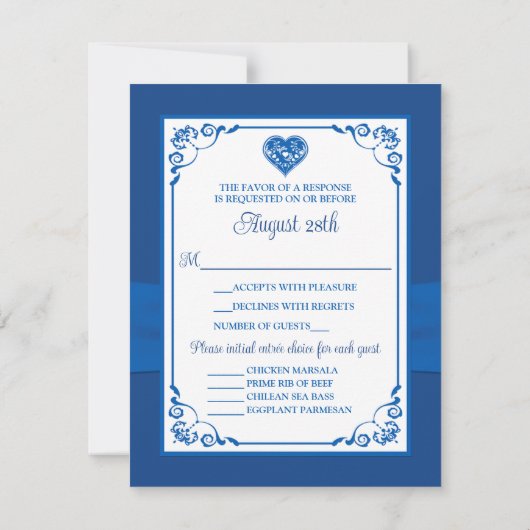 Royal Blue, wit hart van liefde bruiloft RSVP Kaar (Achterkant)