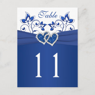 Royal Blue, witte bloemenharten tafel nummer Kaart
