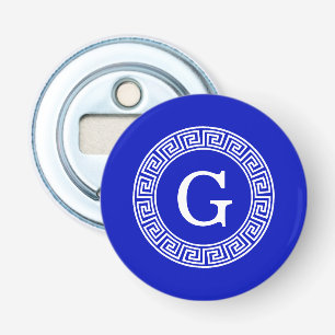Royal Blue WT Grieks Sleutel RND Lijst Initiaal Mo Button Flesopener