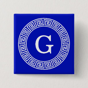 Royal Blue WT Grieks Sleutel RND Lijst Initiaal Mo Vierkante Button 5,1 Cm